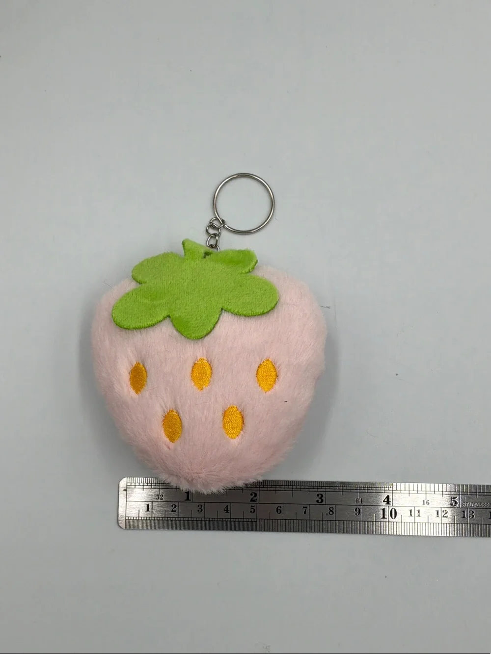 Plush Pink Strawberry Keychain with Green Leaf